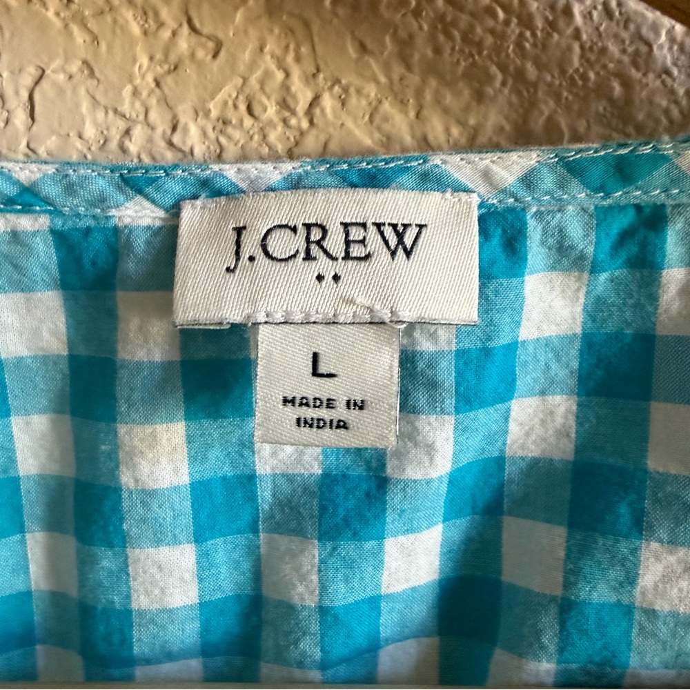 J.CREW Women’s Sz L Blouse Blue White Gingham 100% Cotton Balloon Sleeve V-Neck - Picture 3 of 7